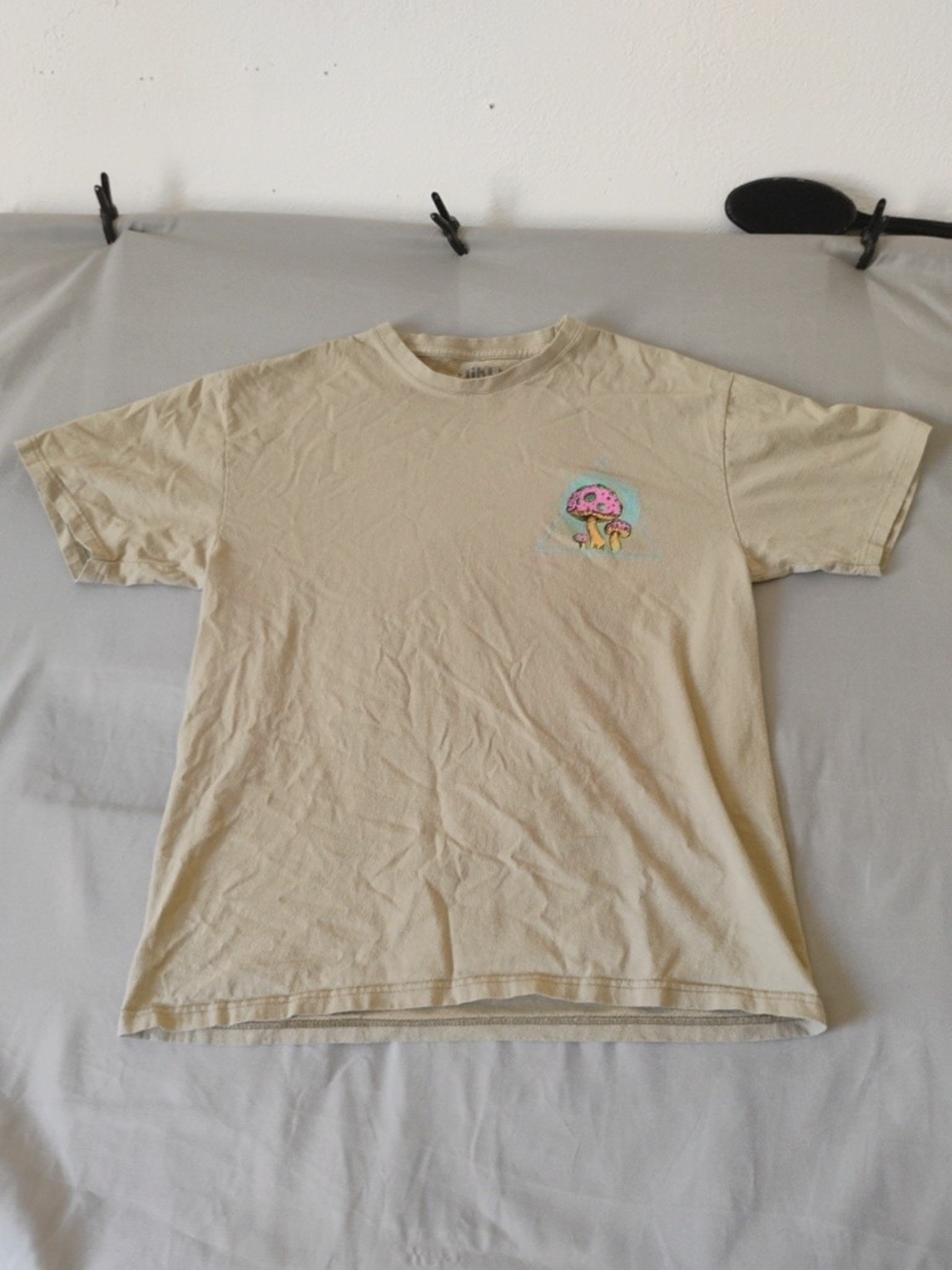 Miken Short Sleeve Tee in Beige with Pink Mushroom Graphic
